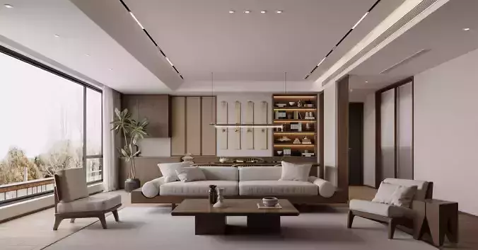 Chinese living and dining room interior