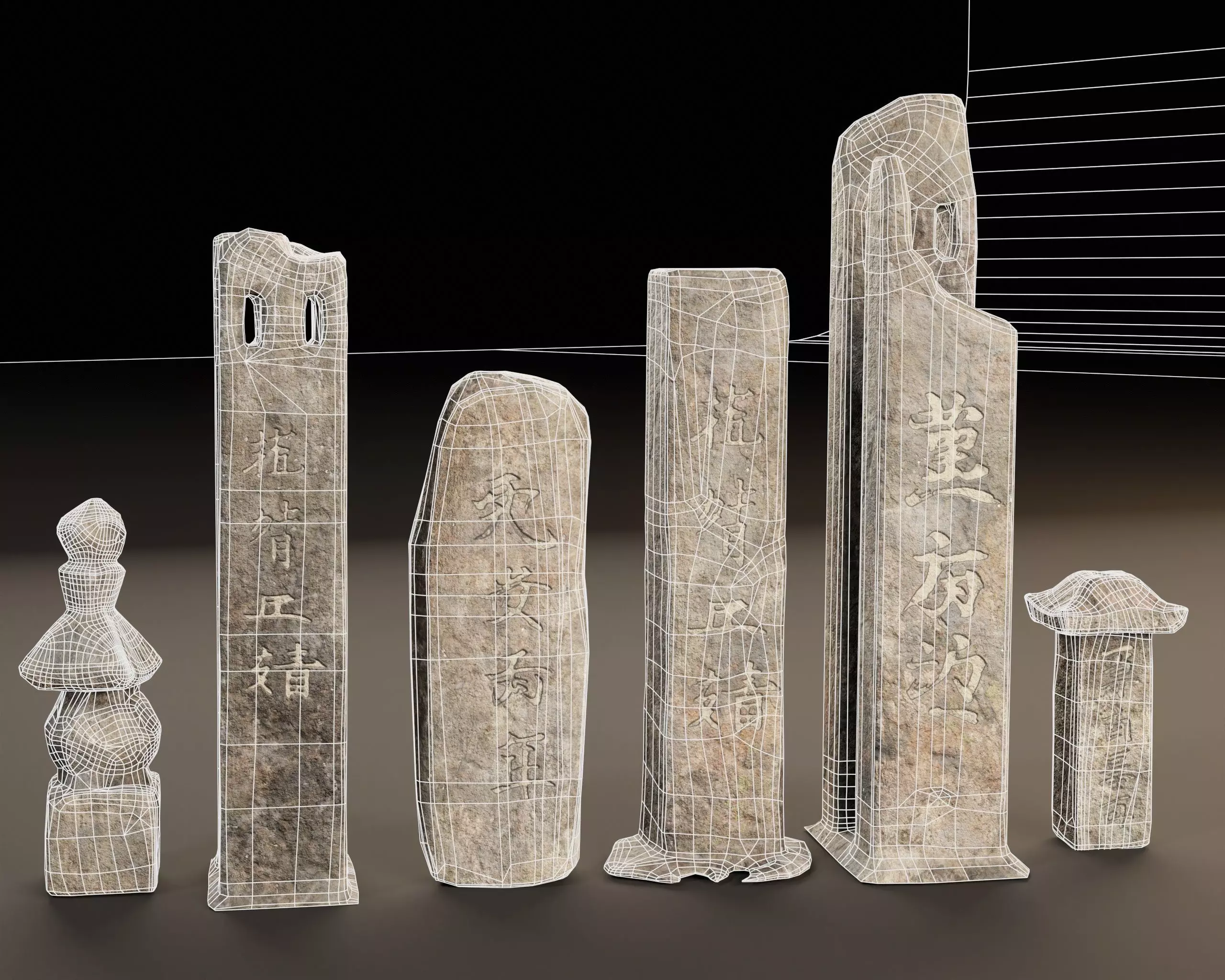 Japanese Gravestone Pillar Set Low-poly 3D model_3