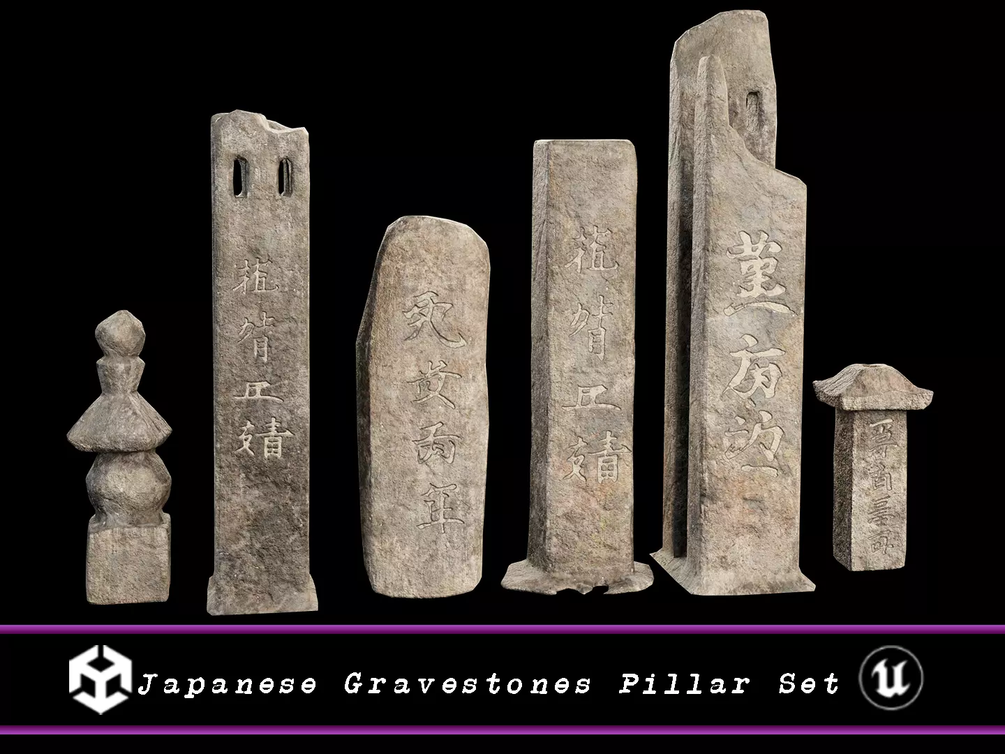 Japanese Gravestone Pillar Set Low-poly 3D model_0