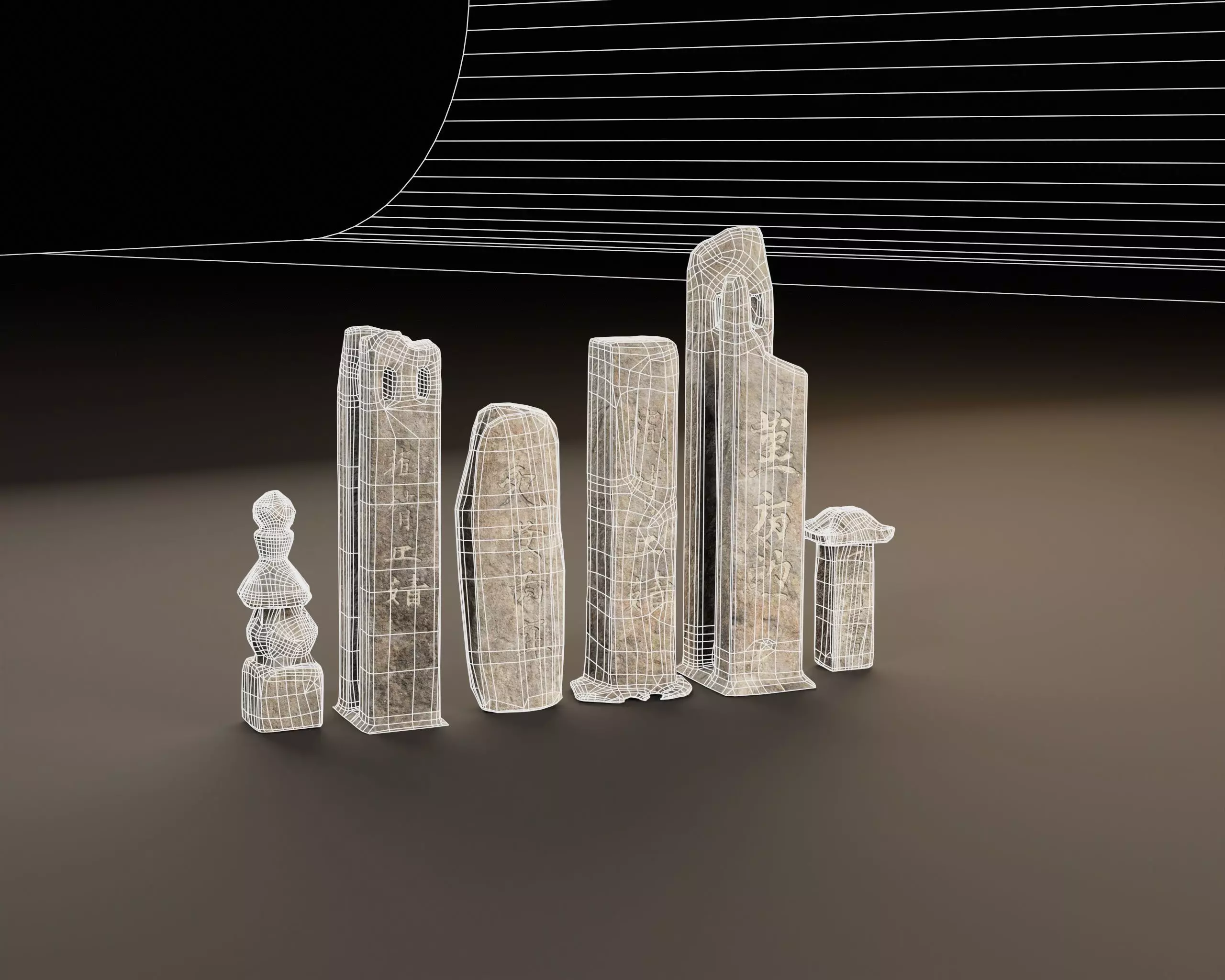 Japanese Gravestone Pillar Set Low-poly 3D model_15