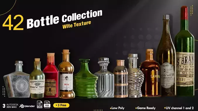 42 Bottle Collection With Texture FREE Low-poly 3D model