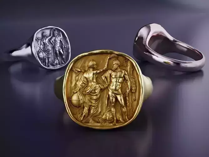 Hercules Crowned Signet Ring  Mythological Warrior Ring 3D Model