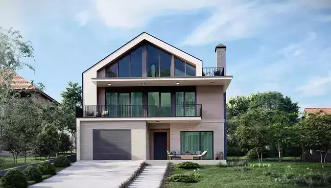 Contemporary 4-Bedroom Two-Storey House with Attic 3D model 2