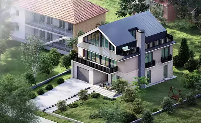 Contemporary 4-Bedroom Two-Storey House with Attic 3D model 3