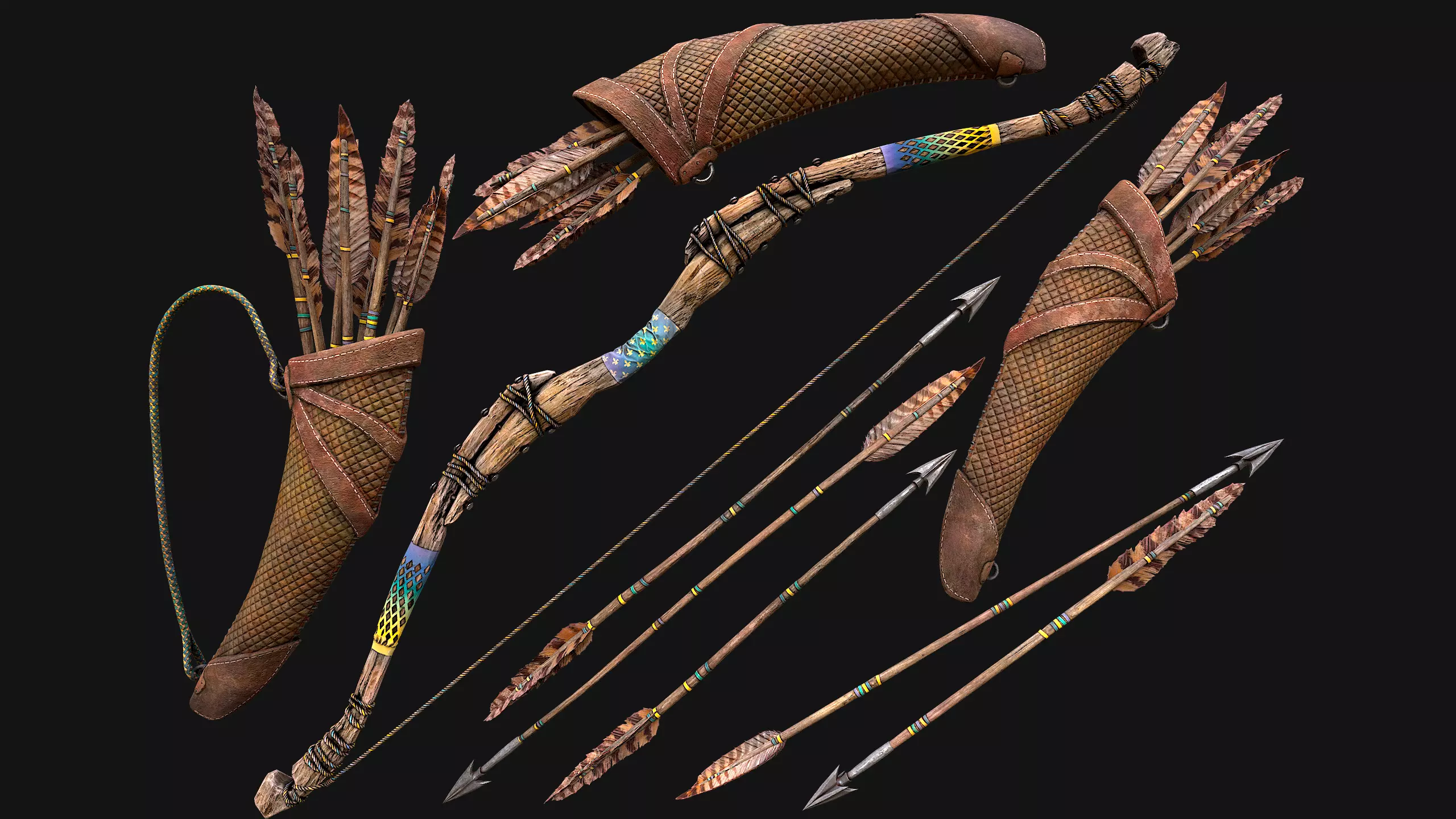 Wooden Bow and Quiver Tournament Weapons Low-poly 3D model