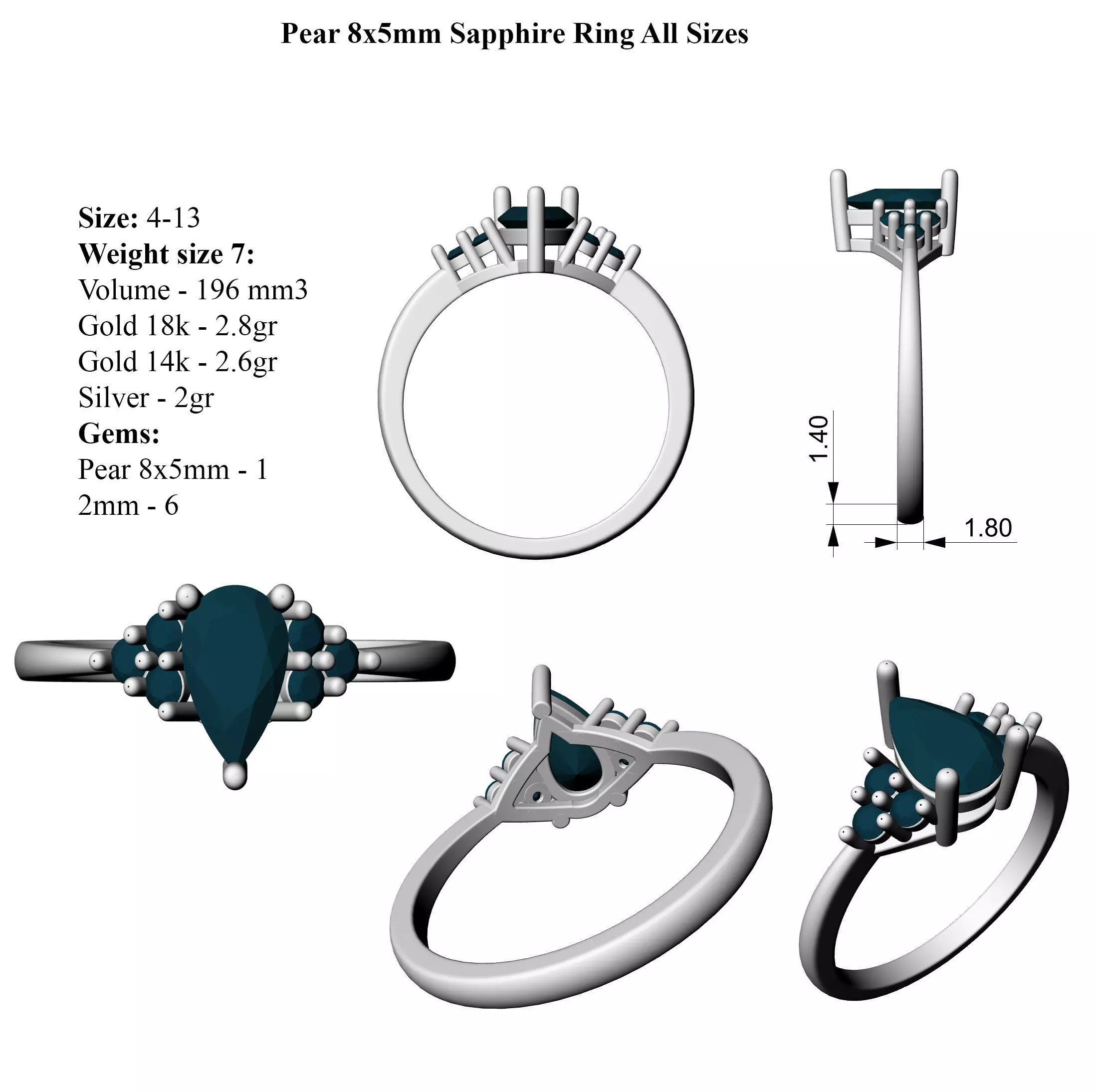 Pear 8x5mm Sapphire Ring All Sizes 3D print model_2