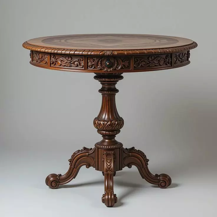 Ornate Wooden Table 3D Vintage Round Pedestal Table Carvings Low-poly 3D model_0