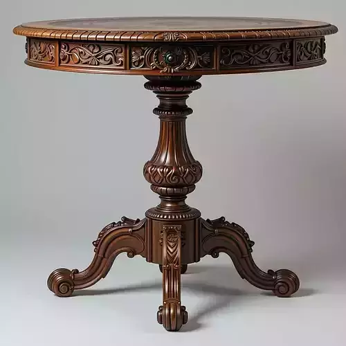 Ornate Wooden Table 3D Vintage Round Pedestal Table Carvings Low-poly 3D model 3