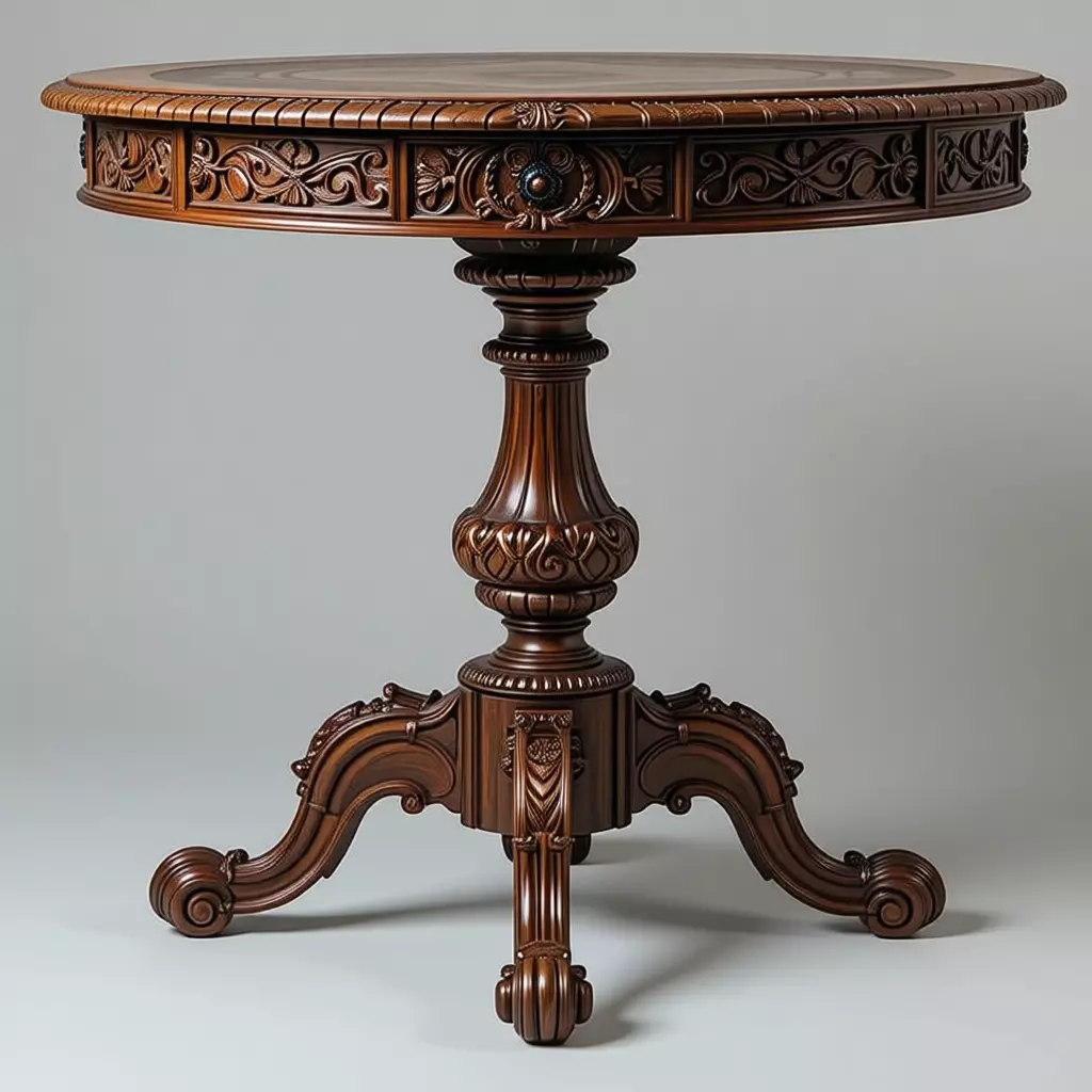 Ornate Wooden Table 3D Vintage Round Pedestal Table Carvings Low-poly 3D model_2