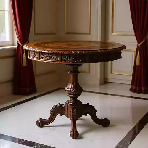Ornate Wooden Table 3D Vintage Round Pedestal Table Carvings Low-poly 3D model 2
