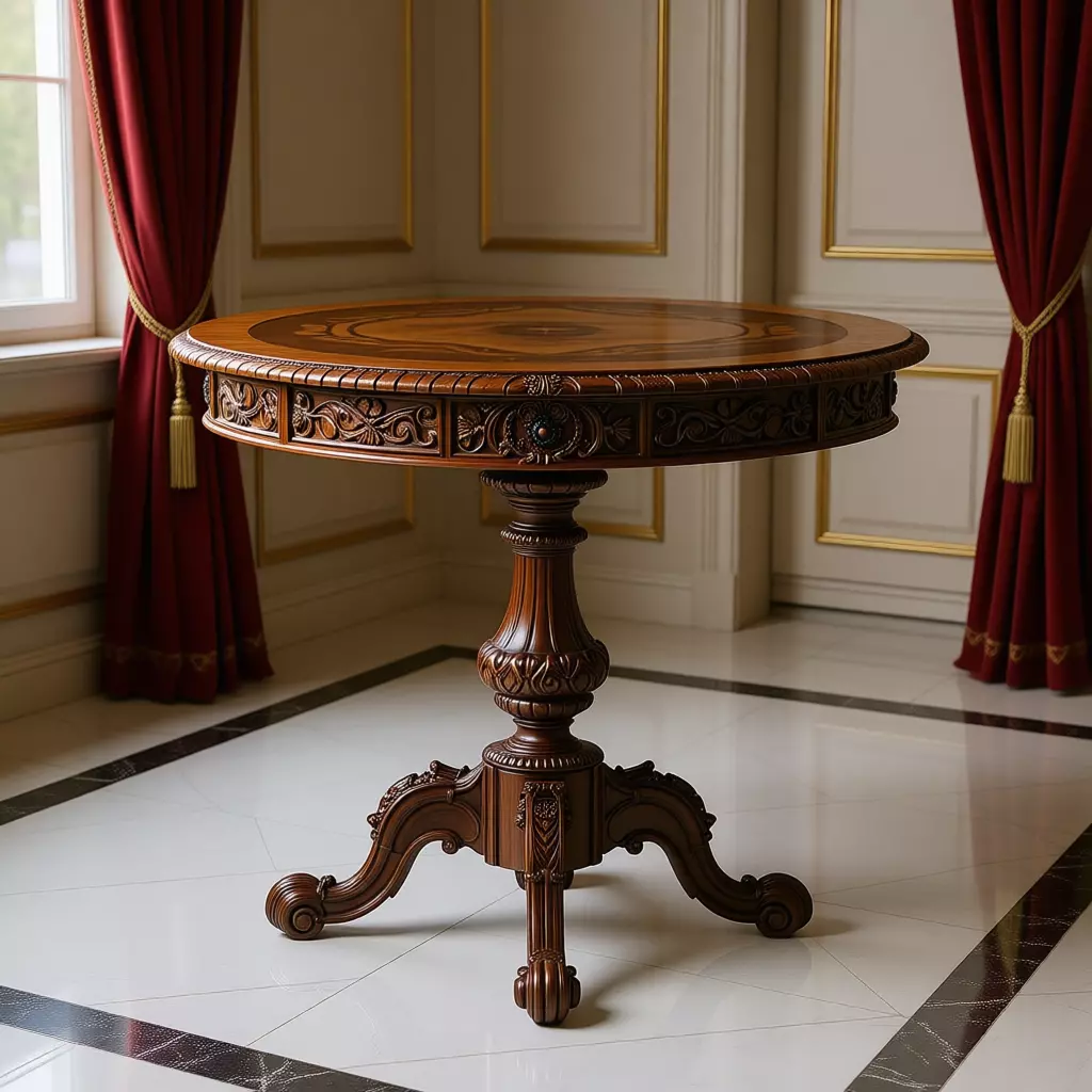 Ornate Wooden Table 3D Vintage Round Pedestal Table Carvings Low-poly 3D model_1