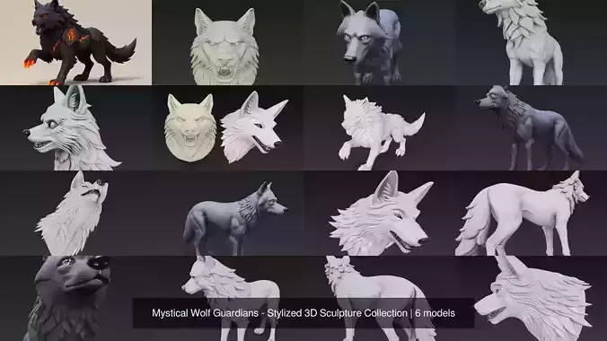 Mystical Wolf Guardians - Stylized 3D Sculpture Collection 