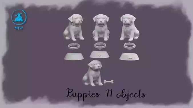 Miniature Puppy Set Dog Figurines Collars Bowls Bone 3D print model