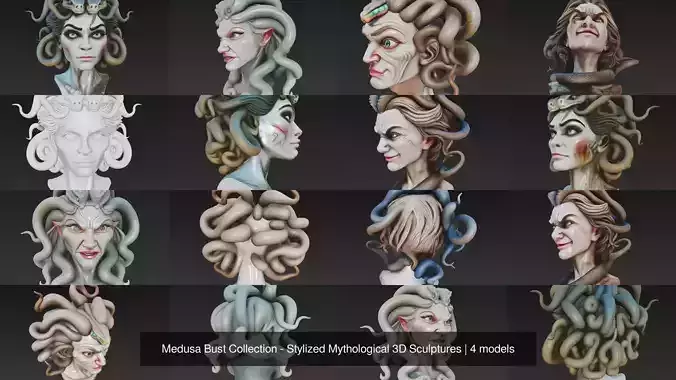 Medusa Bust Collection - Stylized Mythological 3D Sculptures 