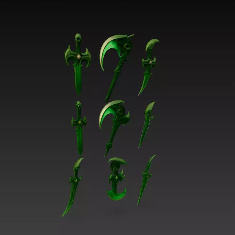 Dark Emerald Weapon Pack Fantasy Swords Scythes 3D model_0