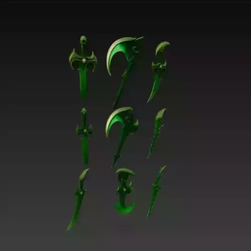 Dark Emerald Weapon Pack Fantasy Swords Scythes 3D model Dark Emerald Weapon Pack Fantasy Swords Scythes 3D model