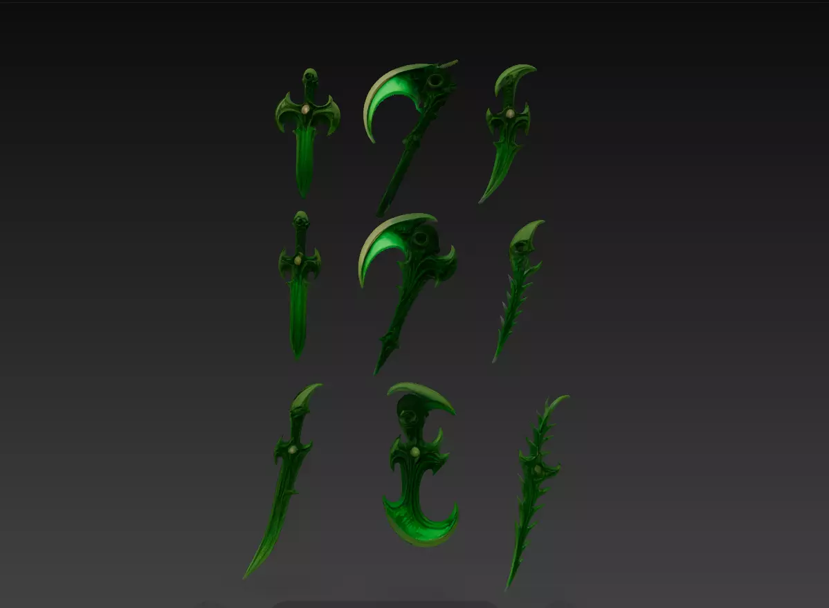 Dark Emerald Weapon Pack Fantasy Swords Scythes 3D model_2