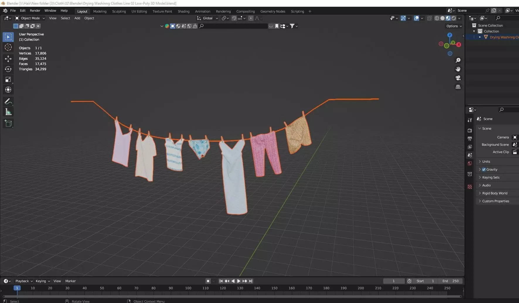 Drying Washing Clothes Line 02 Low-Poly 3D Model Low-poly 3D model_7