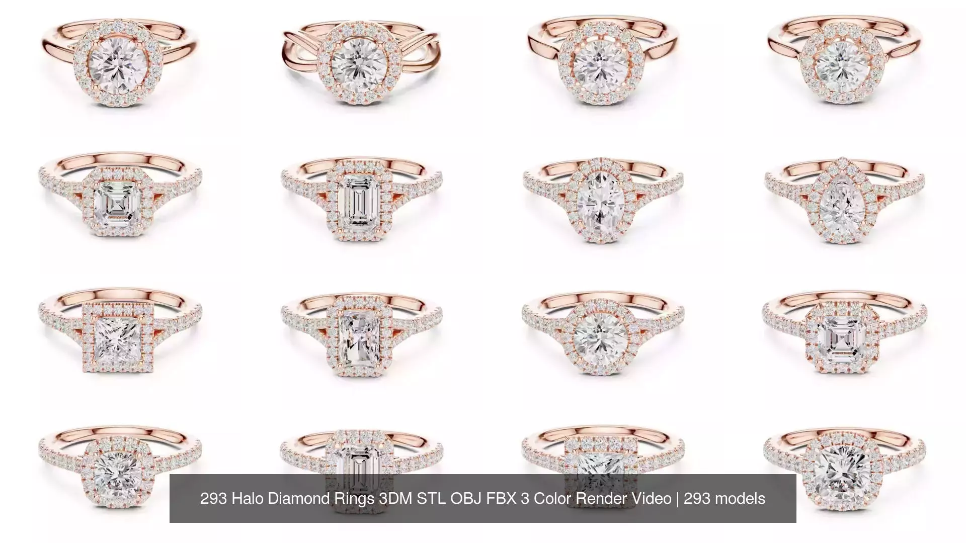 293 Halo Diamond Rings 3DM STL OBJ FBX 3 Color Render Video 3D Model Collection_24