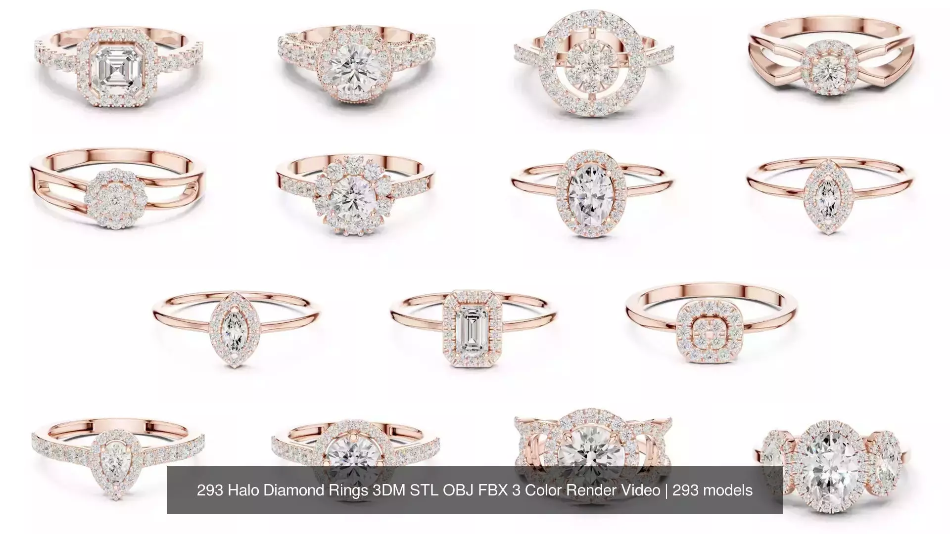 293 Halo Diamond Rings 3DM STL OBJ FBX 3 Color Render Video 3D Model Collection_1