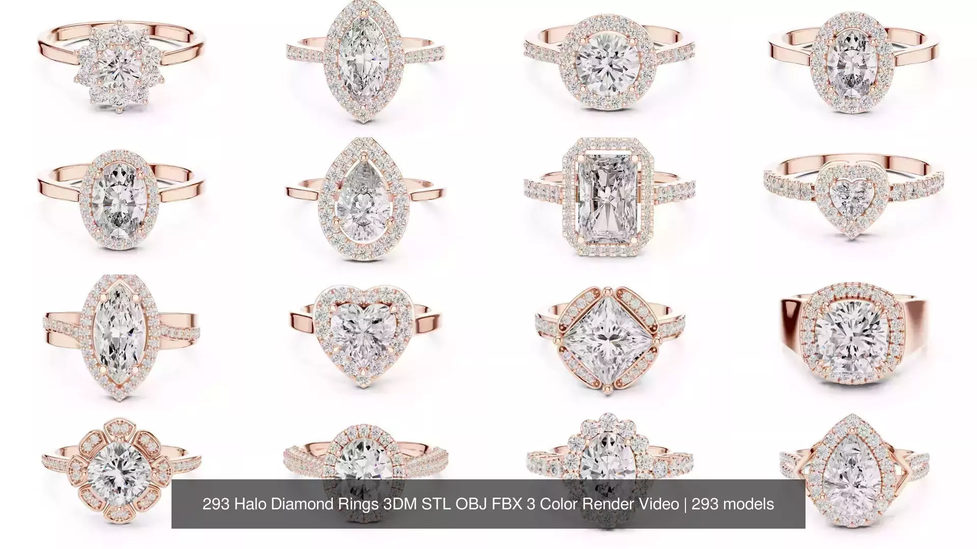 293 Halo Diamond Rings 3DM STL OBJ FBX 3 Color Render Video 3D Model Collection_11