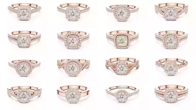 293 Halo Diamond Rings 3DM STL OBJ FBX 3 Color Render Video 3D Model Collection