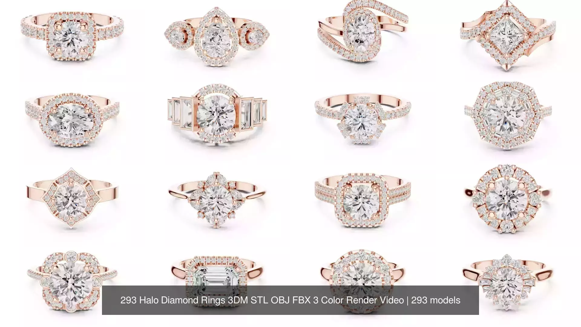 293 Halo Diamond Rings 3DM STL OBJ FBX 3 Color Render Video 3D Model Collection_19