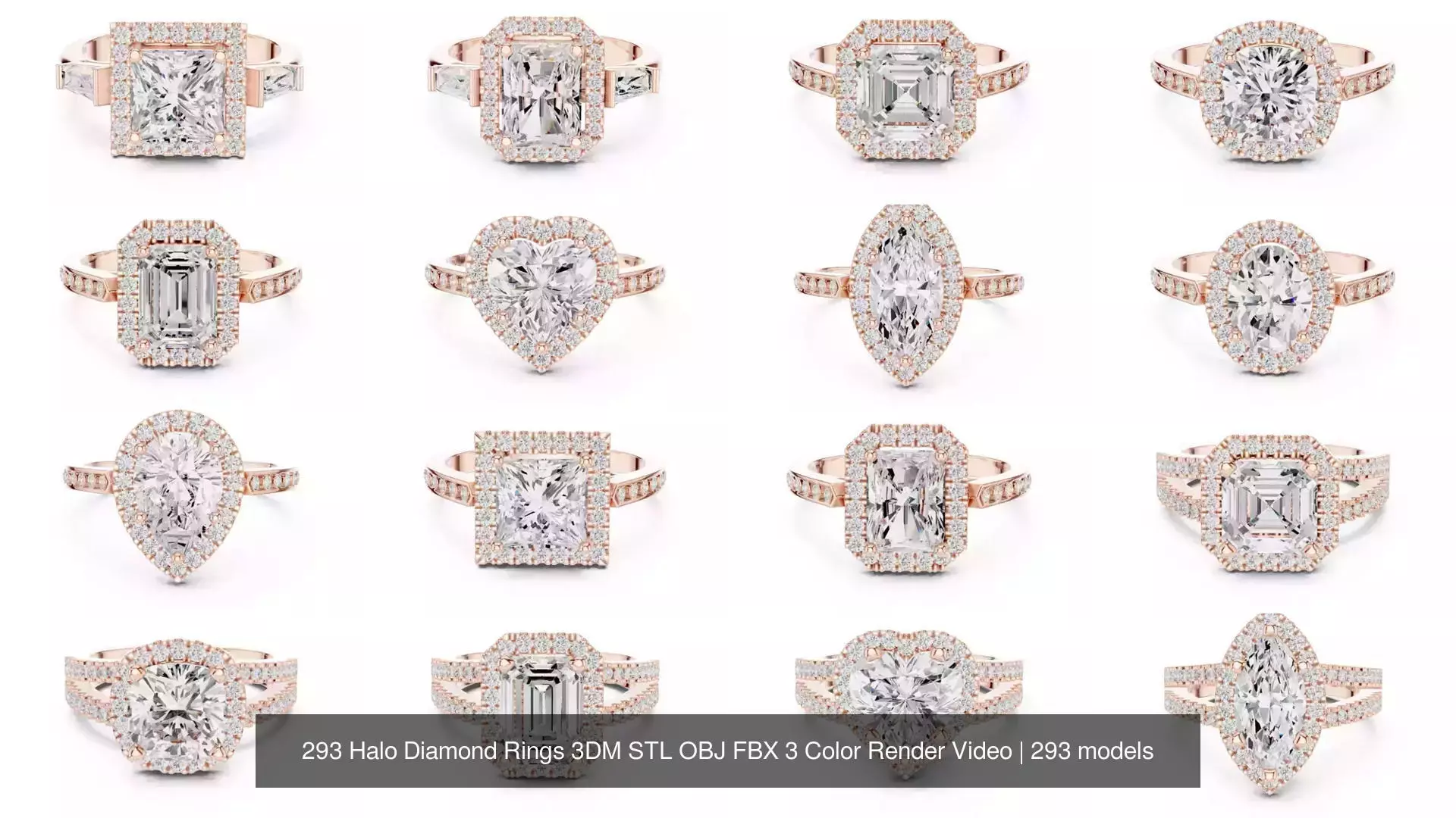 293 Halo Diamond Rings 3DM STL OBJ FBX 3 Color Render Video 3D Model Collection_7