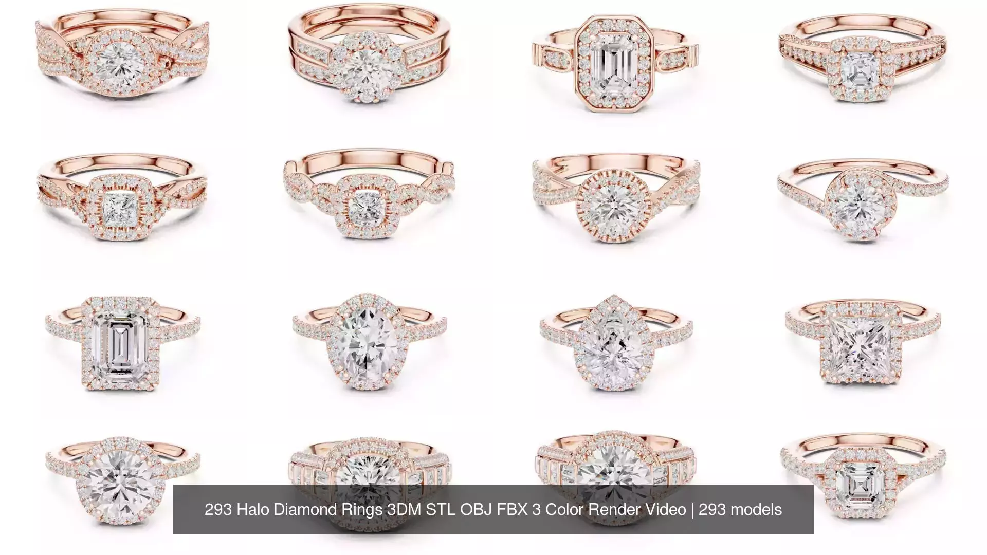293 Halo Diamond Rings 3DM STL OBJ FBX 3 Color Render Video 3D Model Collection_36