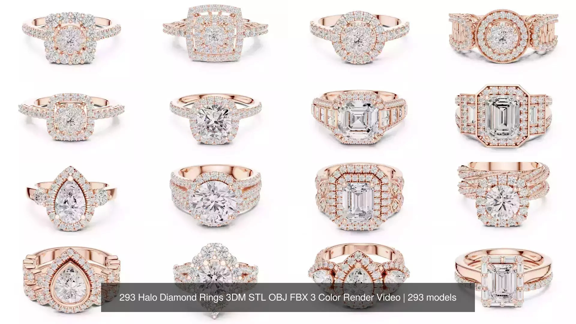 293 Halo Diamond Rings 3DM STL OBJ FBX 3 Color Render Video 3D Model Collection_17