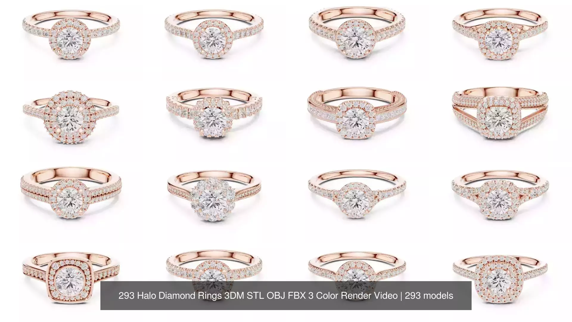 293 Halo Diamond Rings 3DM STL OBJ FBX 3 Color Render Video 3D Model Collection_30