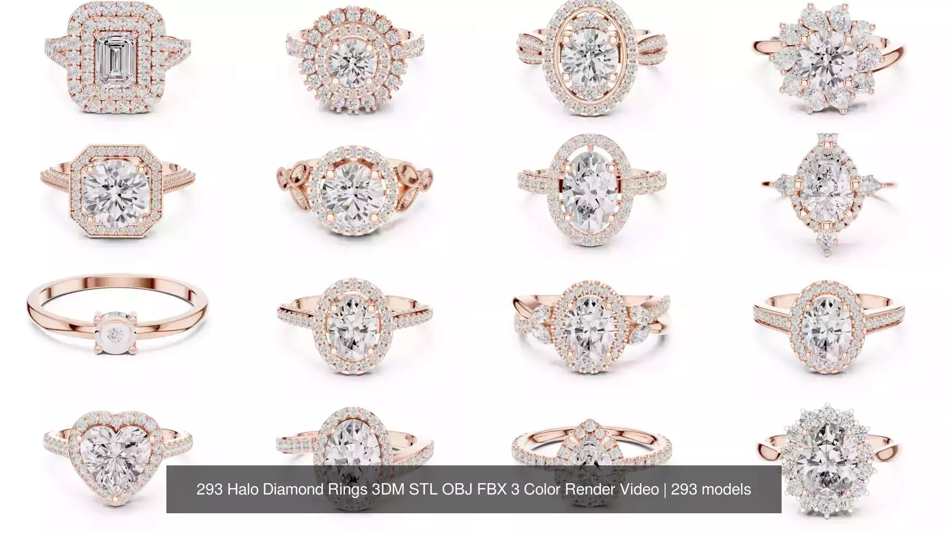293 Halo Diamond Rings 3DM STL OBJ FBX 3 Color Render Video 3D Model Collection_13