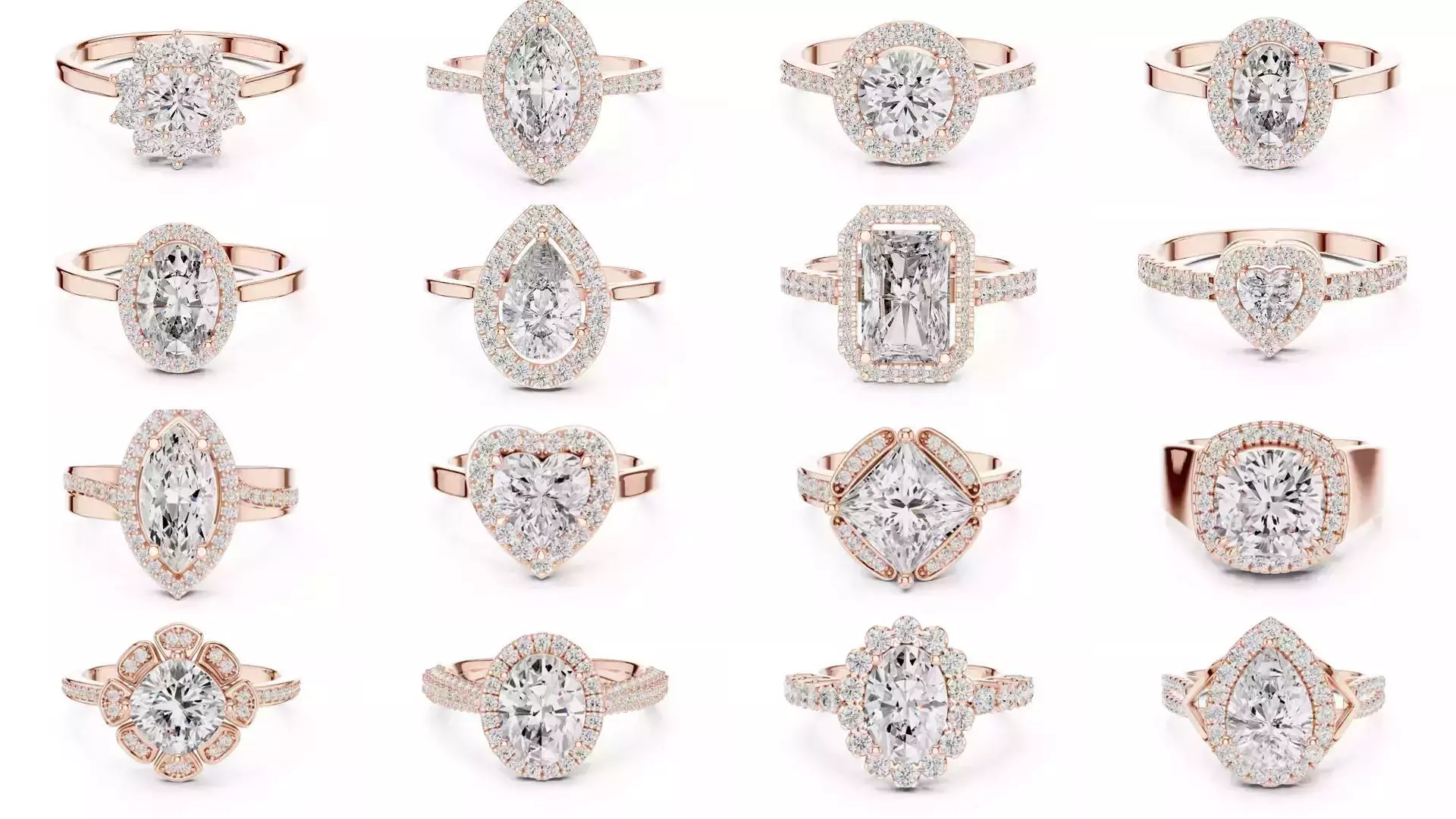 293 Halo Diamond Rings 3DM STL OBJ FBX 3 Color Render Video 3D Model Collection_18