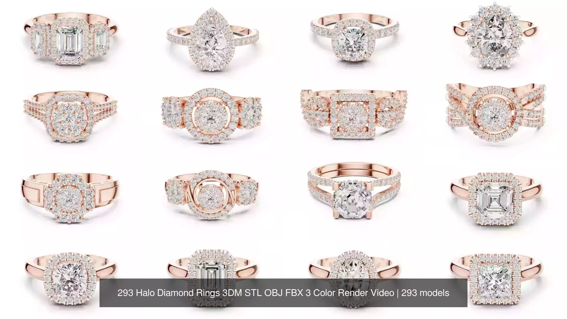 293 Halo Diamond Rings 3DM STL OBJ FBX 3 Color Render Video 3D Model Collection_3