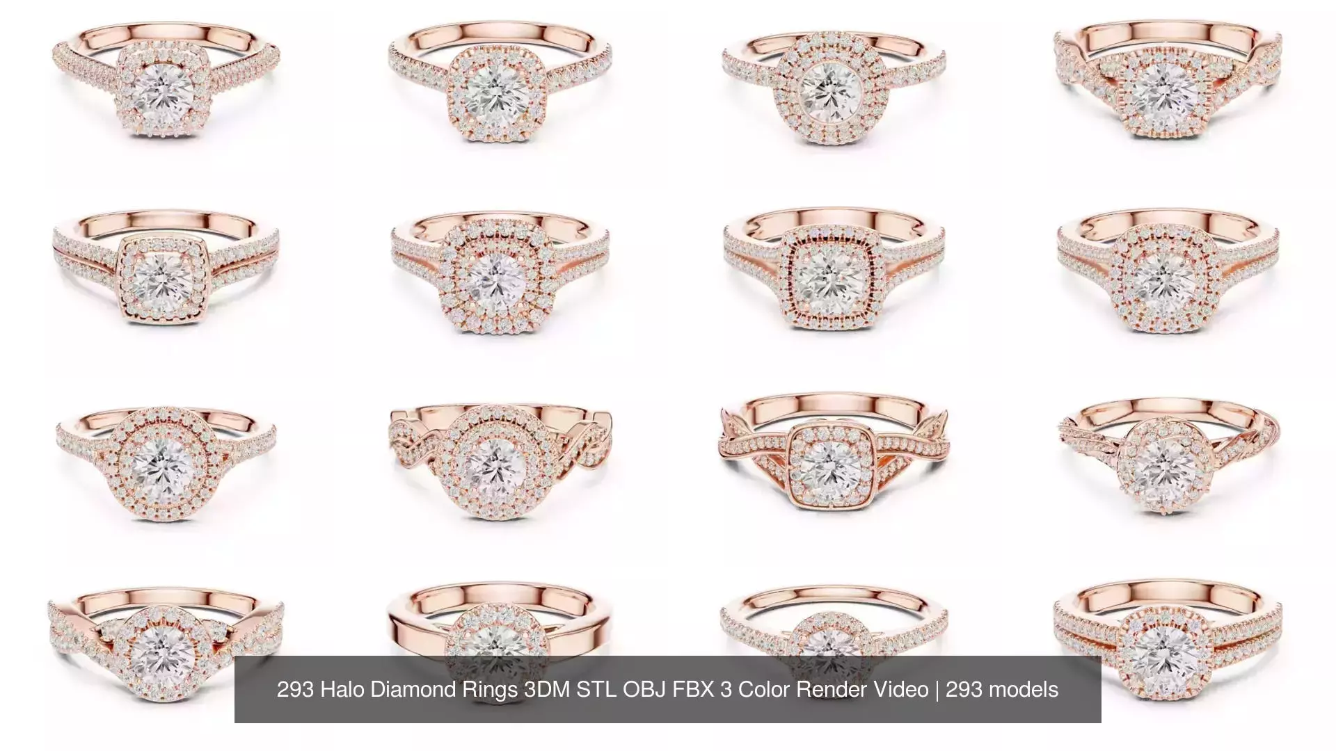 293 Halo Diamond Rings 3DM STL OBJ FBX 3 Color Render Video 3D Model Collection_33
