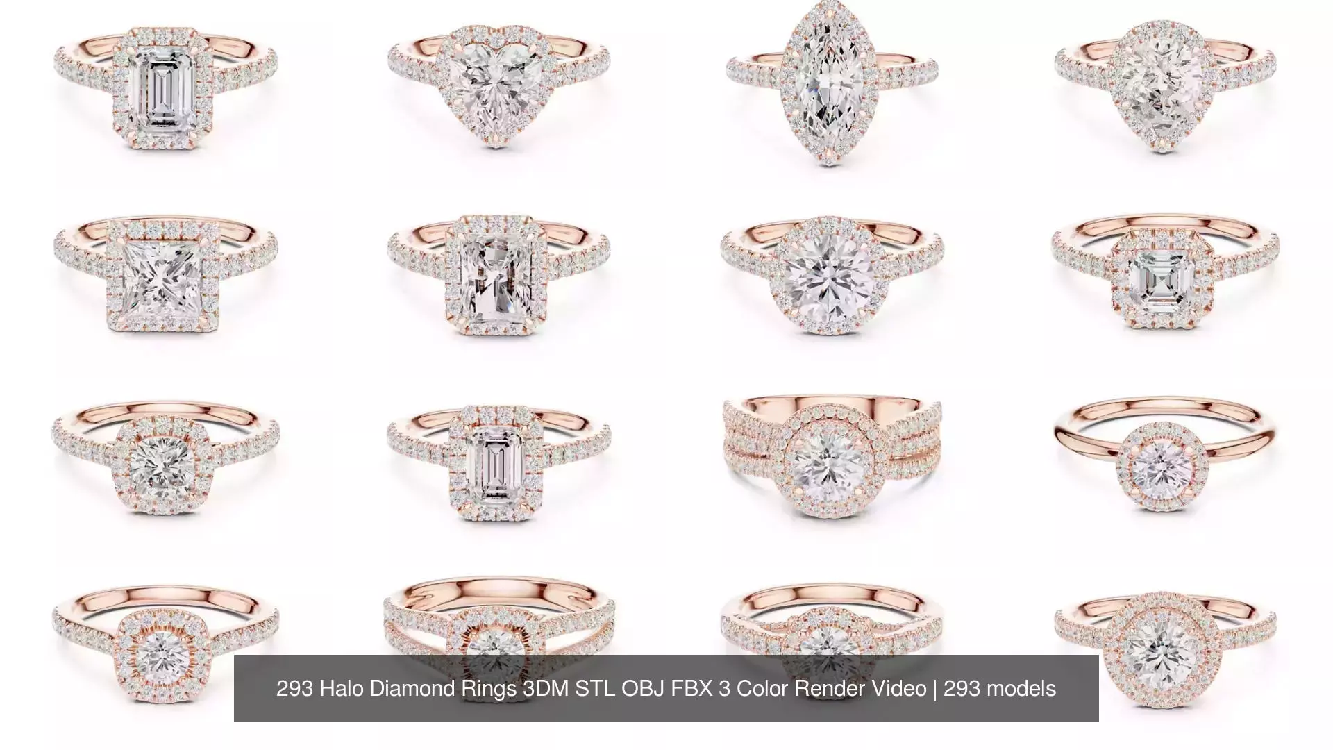 293 Halo Diamond Rings 3DM STL OBJ FBX 3 Color Render Video 3D Model Collection_27