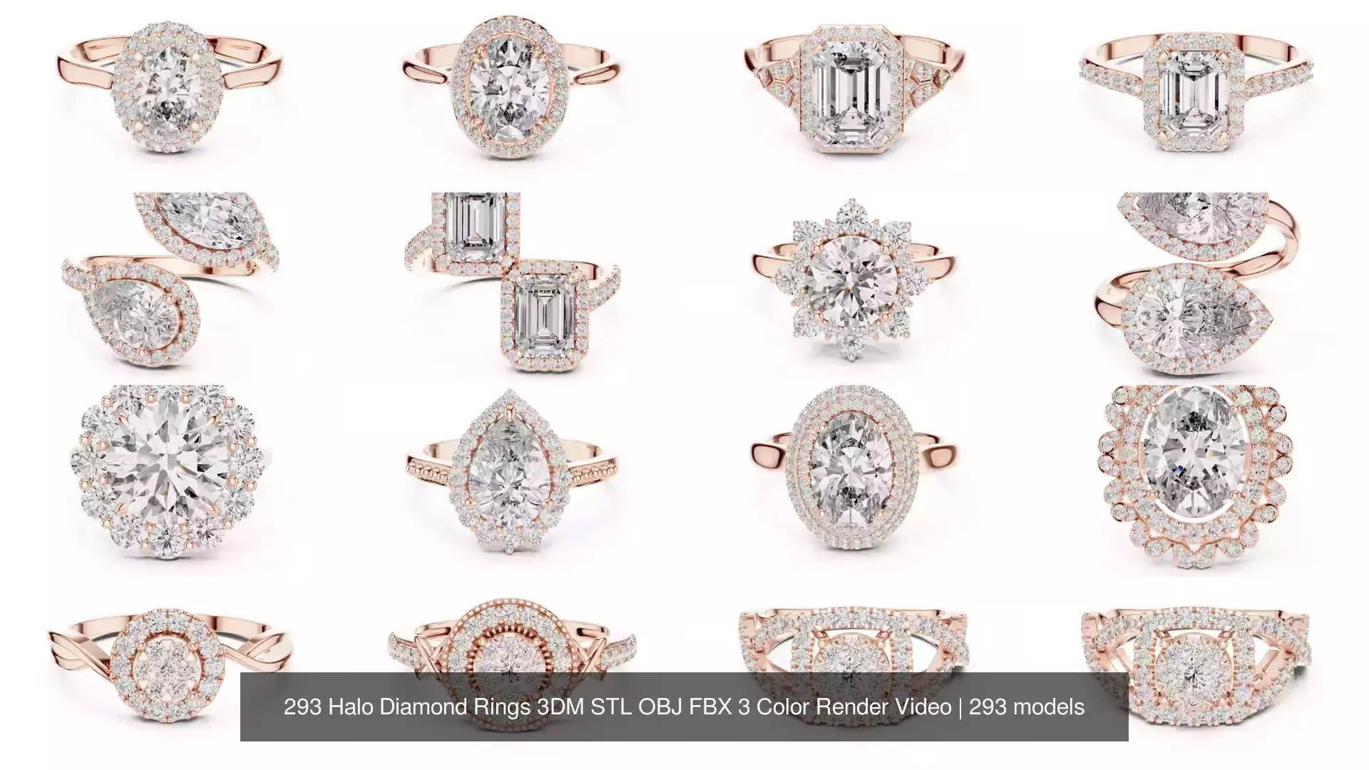 293 Halo Diamond Rings 3DM STL OBJ FBX 3 Color Render Video 3D Model Collection_15