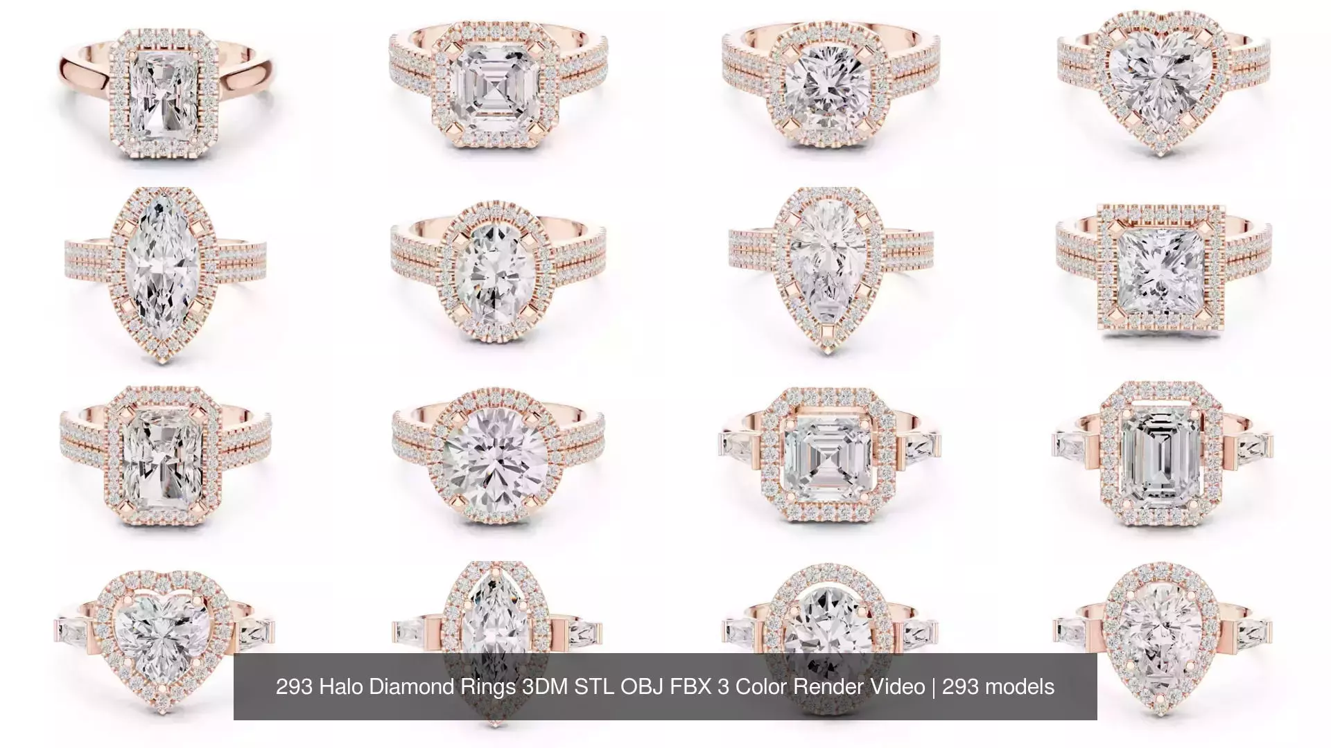 293 Halo Diamond Rings 3DM STL OBJ FBX 3 Color Render Video 3D Model Collection_5