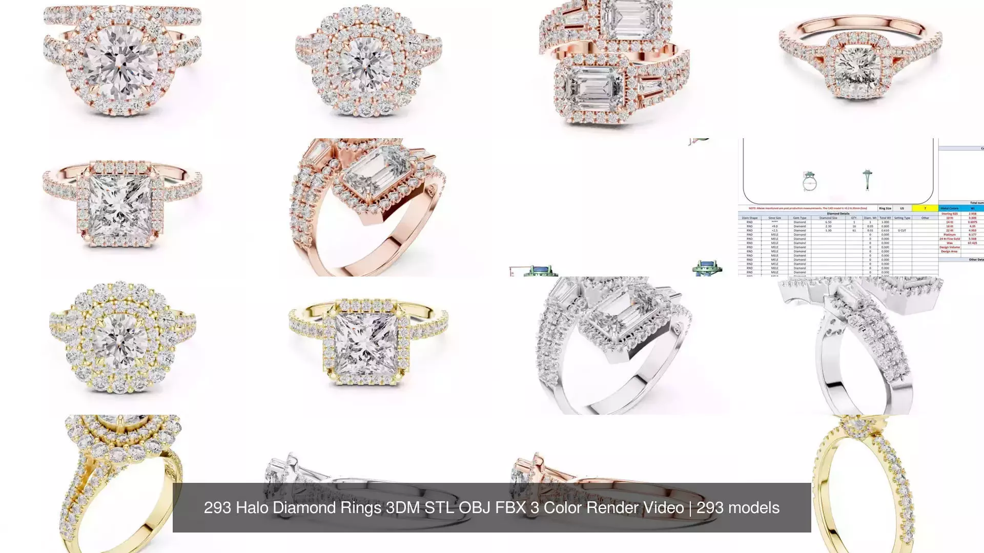 293 Halo Diamond Rings 3DM STL OBJ FBX 3 Color Render Video 3D Model Collection_42