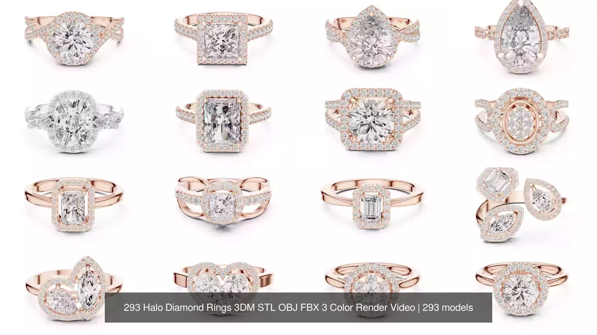 293 Halo Diamond Rings 3DM STL OBJ FBX 3 Color Render Video 3D Model Collection_22