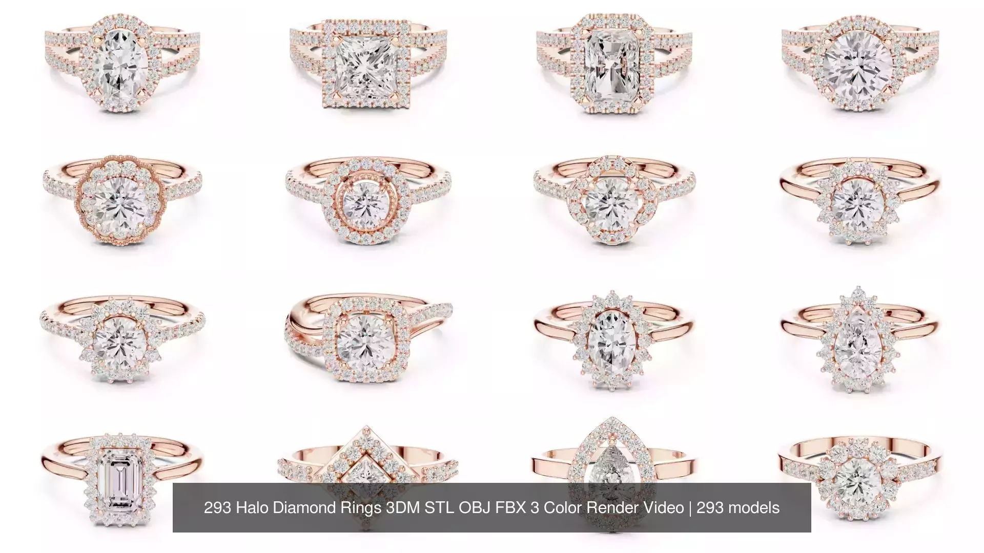 293 Halo Diamond Rings 3DM STL OBJ FBX 3 Color Render Video 3D Model Collection_9