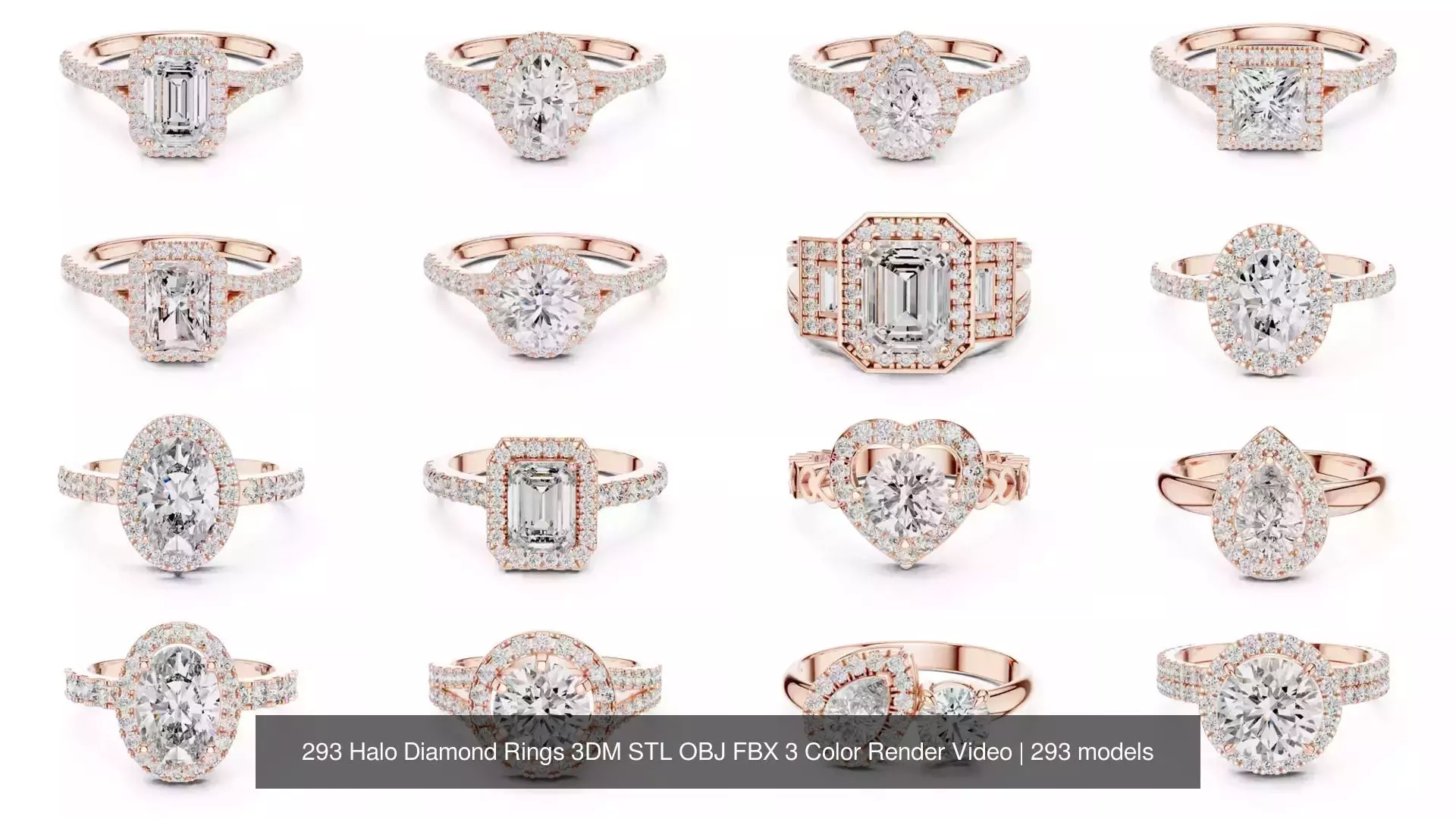 293 Halo Diamond Rings 3DM STL OBJ FBX 3 Color Render Video 3D Model Collection_39