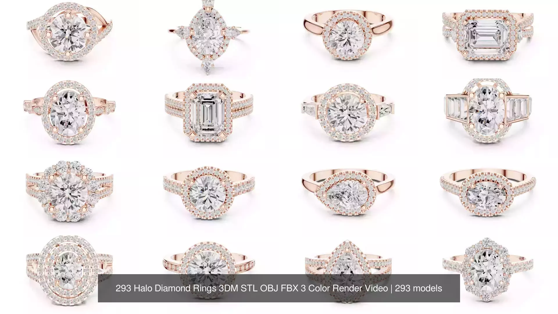 293 Halo Diamond Rings 3DM STL OBJ FBX 3 Color Render Video 3D Model Collection_21