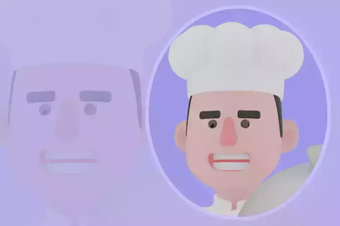 Stylized 3D Male Chef Character - Cook Sitting with Food Tray