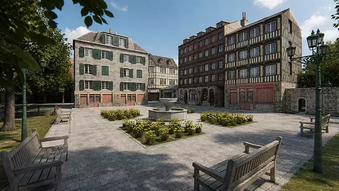 Old European City Square Historic Architecture Low-poly 3D model
