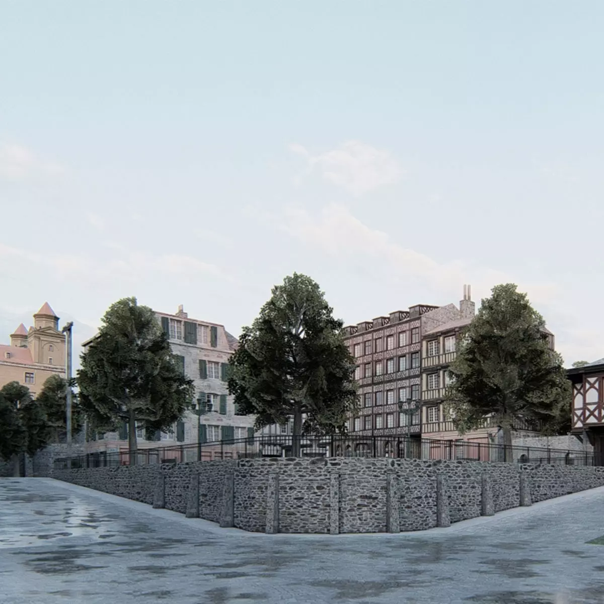 Old European City Square    Historic Architecture Low-poly 3D model_6