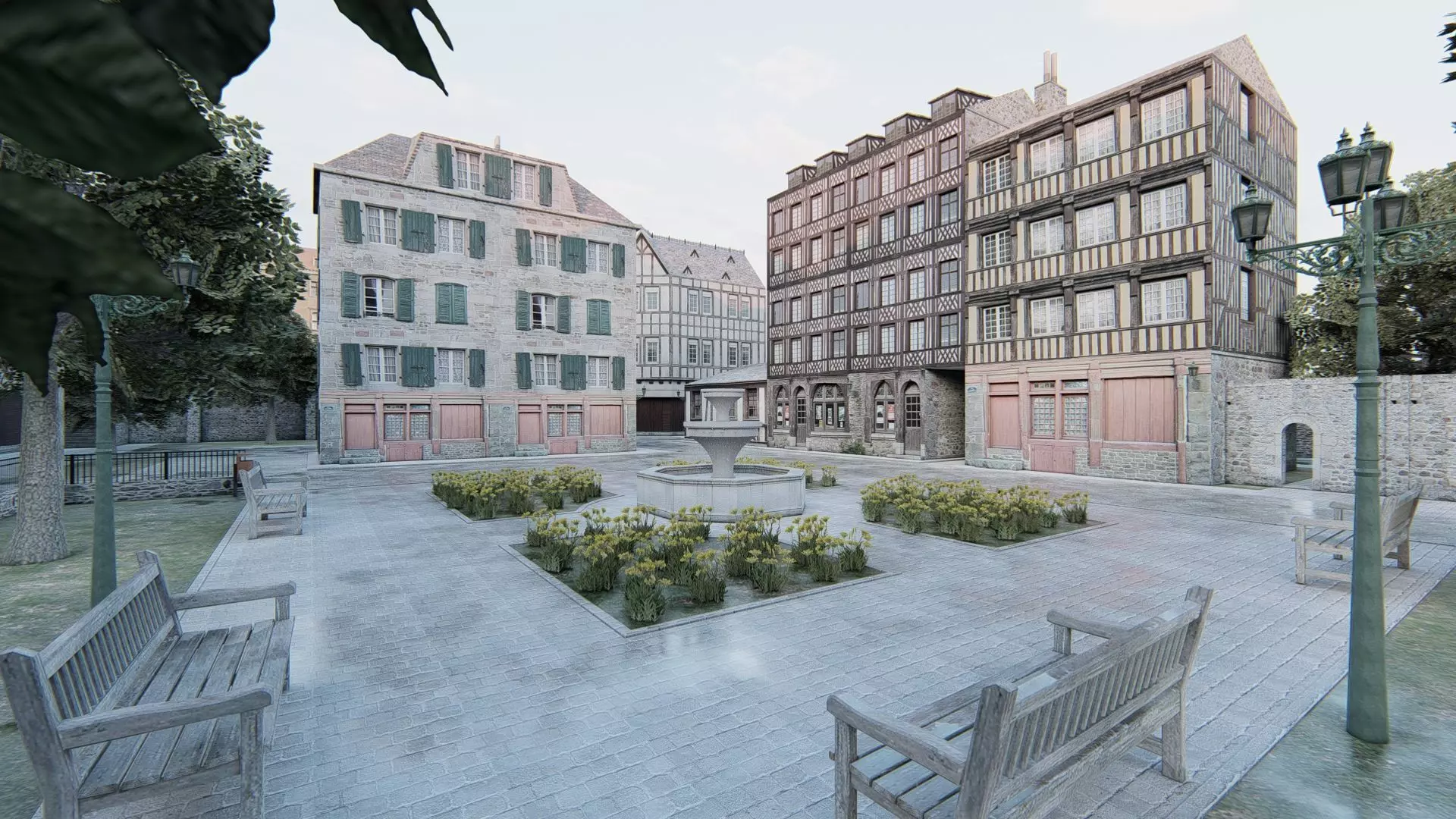 Old European City Square    Historic Architecture Low-poly 3D model_1