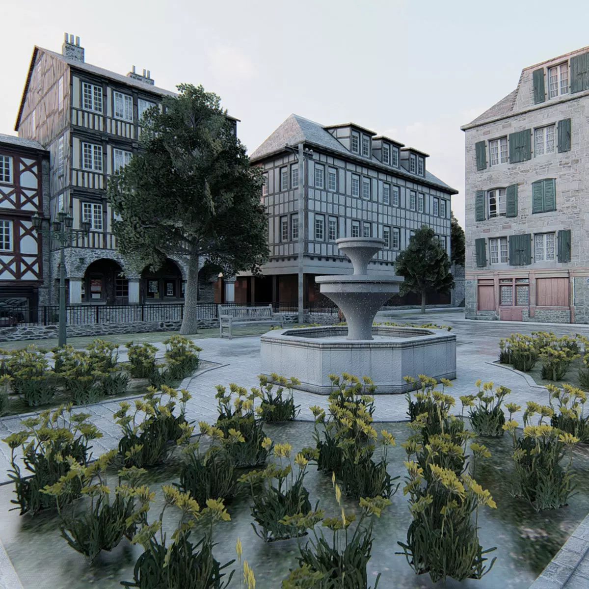 Old European City Square    Historic Architecture Low-poly 3D model_5