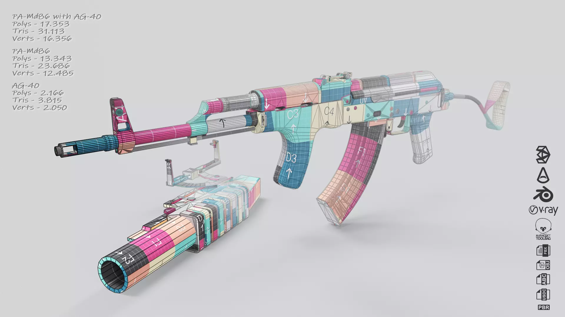 PA md 86 Rifle with detachable AG-40 Grenade Launcher Low-poly 3D model_6