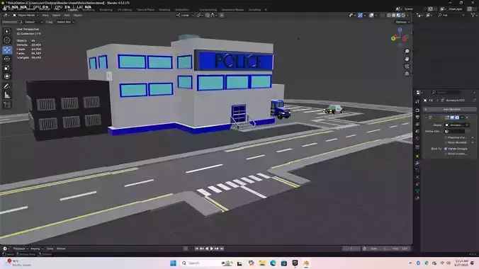 Stylized Low Poly Police Station with Rigged Police Car